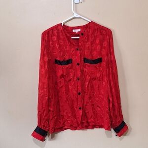 Akris Red Silk Long Sleeve Blouse With Matching Scarf